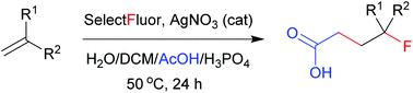 Graphical abstract: Silver-catalyzed radical carbofluorination of unactivated alkenes with acetic acid in aqueous solution