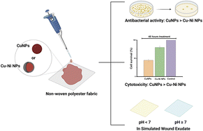 Graphical abstract: Nickel coating on plasmonic copper nanoparticles lowers cytotoxicity and enables colorimetric pH readout for antibacterial wound dressing application