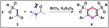 Graphical abstract: One-pot synthesis of symmetrical bis-sulfonyl 2,6-diarylpyridines via BiCl3-catalyzed and K2S2O8-mediated domino annulation of β-ketosulfones and N,N-dimethylacetamide