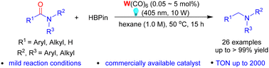 Graphical abstract: Highly efficient low-valence tungsten-catalyzed deoxygenative reduction of tertiary amides to amines with pinacolborane