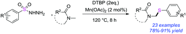 Graphical abstract: Manganese catalysed sulfenylation of N-methyl amides with arenesulfonyl hydrazides