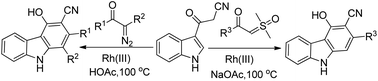 Graphical abstract: Rh(iii)-Catalyzed dual C–H functionalization of 3-(1H-indol-3-yl)-3-oxopropanenitriles with sulfoxonium ylides or diazo compounds toward polysubstituted carbazoles