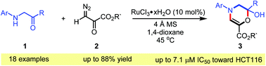 Graphical abstract: Facile synthesis of 1,4-oxazines by ruthenium-catalyzed tandem N–H insertion/cyclization of α-arylamino ketones and diazo pyruvates