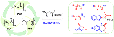 Graphical abstract: Hydroxyl carboxylate anion catalyzed depolymerization of biopolyesters and transformation to chemicals