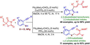 Graphical abstract: Palladium-catalyzed decarboxylation of vinyloxazolidine-2,4-diones used in the divergent reaction with 2-alkynylphenols and 2-alkynylanilines