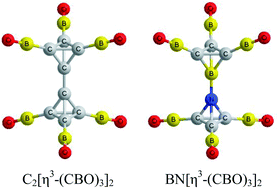 Graphical abstract: The all non-metal homodinuclear and heterodinuclear sandwich-like compounds C2(η3-L3)2 and BN(η3-L3)2 (L = BCO, BNN and CBO)