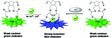 Graphical abstract: A novel polynorbornene-based chemosensor for the fluorescence sensing of Zn2+ and Cd2+ and subsequent detection of pyrophosphate in aqueous solutions