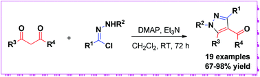 Graphical abstract: Regioselective [3 + 2]-annulation of hydrazonyl chlorides with 1,3-dicarbonyl compounds for assembling of polysubstituted pyrazoles