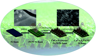 Graphical abstract: In situ confined vertical growth of a 1D-CuCo2S4 nanoarray on Ni foam covered by a 3D-PANI mesh layer to form a self-supporting hierarchical structure for high-efficiency oxygen evolution catalysis