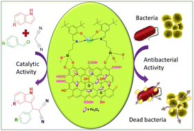 Graphical abstract: Unveiling the dual-function applications of a magnetically retrievable chemically grafted Schiff base Cu-complex on graphene oxide for catalytic and antibacterial applications