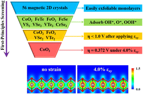 Graphical abstract: Strain-mediated oxygen evolution reaction on magnetic two-dimensional monolayers