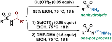 Graphical abstract: One-pot synthesis of N-sulfonylamidines from N-acylsulfonamides enabled by a metal triflate-mediated nonhydrolytic N-deacylation