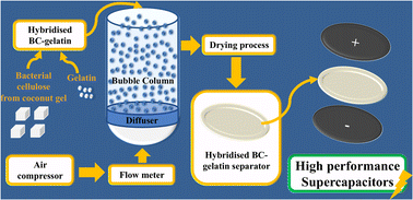 Graphical abstract: Microbubble synthesis of hybridised bacterial cellulose–gelatin separators for multifunctional supercapacitors
