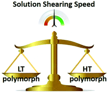 Graphical abstract: Selection of the two enantiotropic polymorphs of diF-TES-ADT in solution sheared thin film transistors