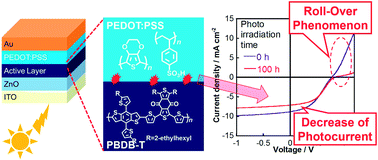 Graphical abstract: Study on photo-degradation of inverted organic solar cells caused by generation of potential barrier between PEDOT:PSS and PBDB-Ts