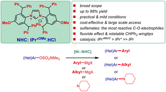 Graphical abstract: C(sp2)–C(sp2) and C(sp2)–C(sp3) nickel-catalyzed Kumada–Corriu and Buchwald–Hartwig cross-coupling of aryl sulfamates enabled by sterically-demanding, electron-rich IPr*OMeN-heterocyclic carbenes