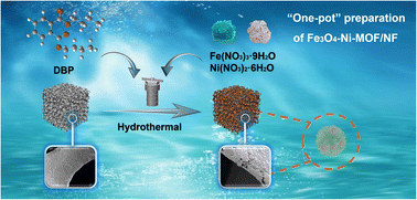 Graphical abstract: From a toxic pollutant to a catalyst: one-pot synthesis of Fe3O4-Ni-DBP/NF for efficient overall water splitting