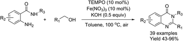 Graphical abstract: Iron nitrate/TEMPO-catalyzed aerobic oxidative synthesis of quinazolinones from alcohols and 2-aminobenzamides with air as the oxidant