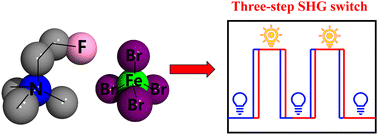 Graphical abstract: An organic–inorganic hybrid material [Me3NCH2CH2F]FeBr4 exhibits three-step SHG on/off