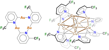 Graphical abstract: Trinuclear gold chains and octanuclear copper gyrobifastigia stabilized using a fluorinated pyridyl ligand