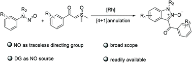 Graphical abstract: Rhodium-catalyzed tandem acylmethylation/annulation of N-nitrosoanilines with sulfoxonium ylides for the synthesis of substituted indazole N-oxides