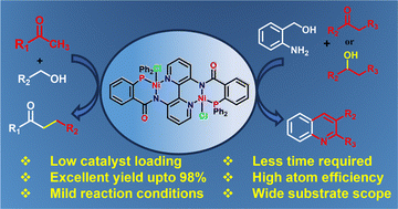 Graphical abstract: Catalytic utility of a bimetallic (pincer) PNN-based nickel complex in the synthesis of quinolines and α-alkylation of ketones