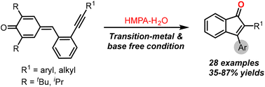 Graphical abstract: A HMPA–H2O mediated oxygenative carbocyclization of 2-alkynylphenyl-substituted p-quinone methides to indenones