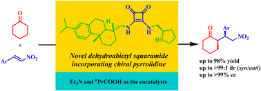 Graphical abstract: Dehydroabietyl squaramide incorporating chiral pyrrolidine for highly diastereo- and enantioselective Michael reaction between cyclohexanone and β-nitrostyrenes