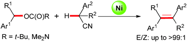 Graphical abstract: Nickel-catalyzed synthesis of (E)-olefins from benzylic alcohol derivatives and arylacetonitriles via C–O activation