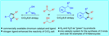 Graphical abstract: Sustainable synthesis of quinolines and pyrroles enabled by chromium-catalyzed acceptorless dehydrogenative coupling using a bipyridine ligand