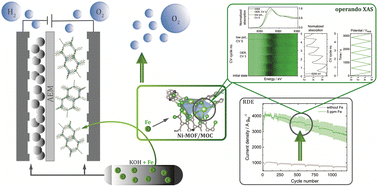 Graphical abstract: The role of Fe incorporation into Ni-MOF-74 derived oxygen evolution electrocatalysts for anion exchange membrane water electrolysis