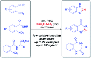 Graphical abstract: Diversified facile synthesis of benzimidazoles, quinazolin-4(3H)-ones and 1,4-benzodiazepine-2,5-diones via palladium-catalyzed transfer hydrogenation/condensation cascade of nitro arenes under microwave irradiation