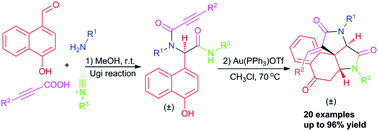 Graphical abstract: Gold-catalyzed diastereoselective domino dearomatization/ipso-cyclization/aza-Michael sequence: a facile access to diverse fused azaspiro tetracyclic scaffolds
