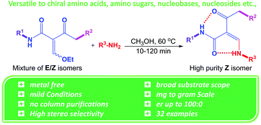 Graphical abstract: Exploiting intramolecular hydrogen bonding for the highly (Z)-selective & metal free synthesis of amide substituted β-aminoenones
