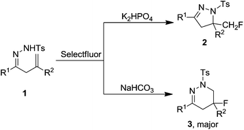 Graphical abstract: Transition metal-free aminofluorination of β,γ-unsaturated hydrazones: base-controlled regioselective synthesis of fluorinated dihydropyrazole and tetrahydropyridazine derivatives