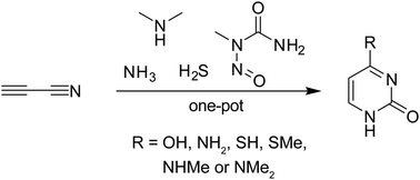 Graphical abstract: A one-pot, water compatible synthesis of pyrimidine nucleobases under plausible prebiotic conditions