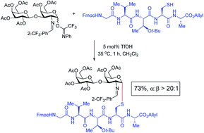 Graphical abstract: Facile triflic acid-catalyzed α-1,2-cis-thio glycosylations: scope and application to the synthesis of S-linked oligosaccharides, glycolipids, sublancin glycopeptides, and TN/TF antigens