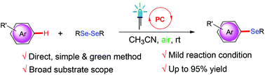 Graphical abstract: Visible-light-mediated aerobic selenation of (hetero)arenes with diselenides