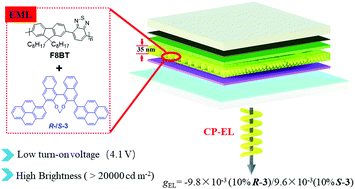 Graphical abstract: High brightness circularly polarized electroluminescence from conjugated polymer F8BT induced by chiral binaphthyl-pyrene