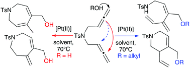 Graphical abstract: Nucleophile dependent formation of 6- and 7-membered N-heterocycles by platinum-catalysed cyclisation of 1,5-bisallenes