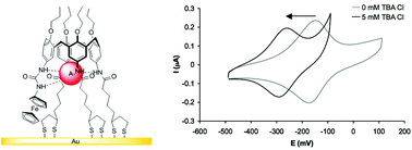 Graphical abstract: Amplification of anion sensing by disulfide functionalized ferrocene and ferrocene-calixarene receptors adsorbed onto gold surfaces