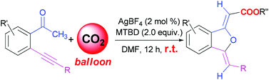 Graphical abstract: Sequential carboxylation/intramolecular cyclization reaction of o-alkynyl acetophenone with CO2