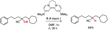 Graphical abstract: Reductive decyanation of malononitriles and cyanoacetates using photoactivated neutral organic super-electron-donors