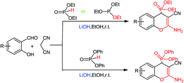 Graphical abstract: Inorganic base catalyzed synthesis of (2-amino-3-cyano-4H-chromene-4-yl) phosphonate derivatives via multi-component reaction under mild and efficient conditions