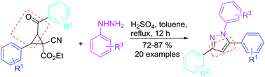 Graphical abstract: Brönsted acid-mediated annulations of 1-cyanocyclopropane-1-carboxylates with arylhydrazines: efficient strategy for the synthesis of 1,3,5-trisubstituted pyrazoles