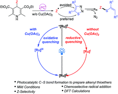 Graphical abstract: Visible-light photocatalytic preparation of alkenyl thioethers from 1,2,3-thiadiazoles and Hantzsch esters: synthetic and mechanistic investigations