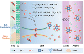 Graphical abstract: Salt precipitation and water flooding intrinsic to electrocatalytic CO2 reduction in acidic membrane electrode assemblies: fundamentals and remedies