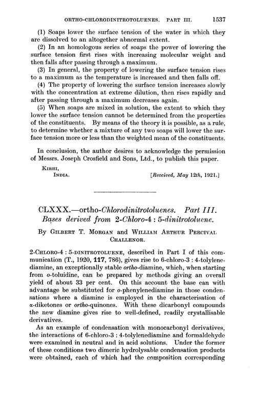 CLXXX.—ortho-Chlorodinitrotoluenes. Part III. Bases derived from 2-chloro-4 : 5-dinitrotoluene