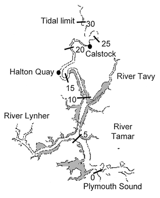 Map of the Tamar Estuary (UK) showing distance in kilometres from 
Plymouth Sound and the location for the tidal cycle surveys at Halton 
Quay.