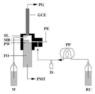 Schematic representation of the fibre optic continuous-flow system for 
electrochemiluminescence measurements. GCE, glassy carbon electrode; FO, 
fibre optic; IS, injection system; MB, magnetic bars; PE, platinum 
electrode; PG, polarograph; PMT, photomultiplier tube; PP, peristaltic 
pump; PW, Plexiglass window; RC, reagent carrier; SL, sensing layer; W, 
waste. Note that the different elements schematised are not strictly 
represented to the same scale.